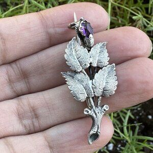 Antique Flower Pin Brooch Purple Amethyst‎ Gem Silver C-Clasp 3.3g Leaves 1 7/8"